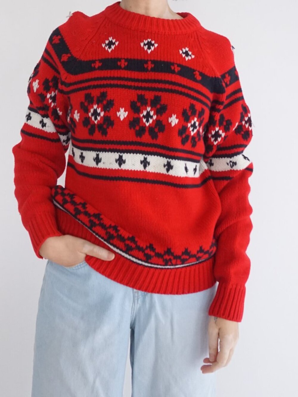 Vintage Red Nordic Fair Isle Snowflake Holiday Christmas Knit Sweater Winter M